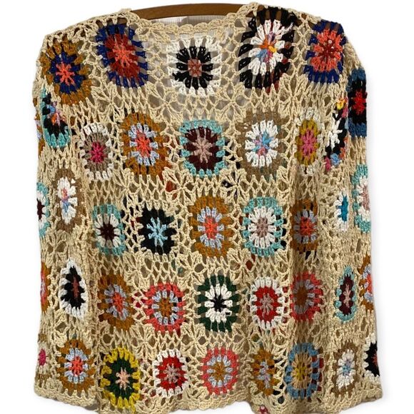 Colorful Floral Long Sleeve Lightweight Cropped Crochet Cardigan NEW - Picture 3 of 4